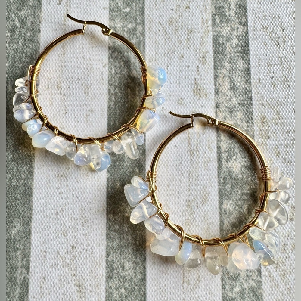 New Opalite Nugget Wire Wrapped Gold Tone Statement Hoop Earrings - 2”
